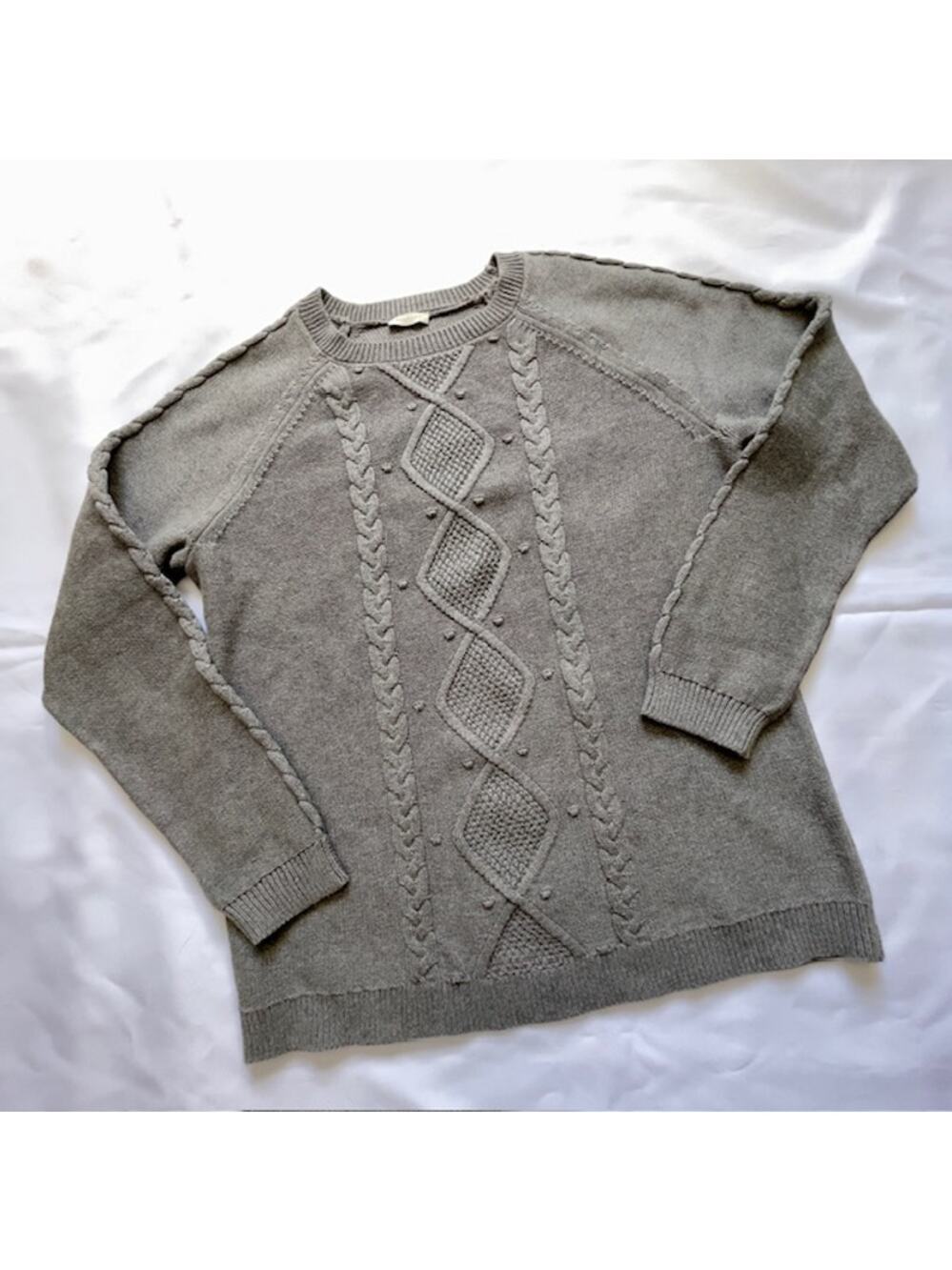 Talbots Classic Cable Knit Cotton Sweater Neutral Gray Textured Crewneck Large